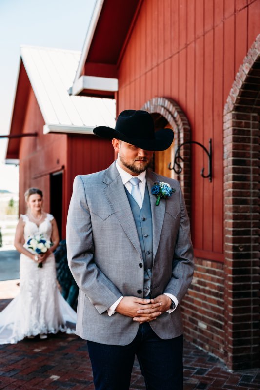 Bride and Groom doing a first look outside the barn at Crooked Willow Farms