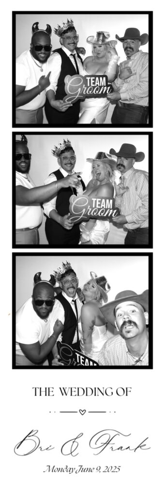 Wedding guests pose for a black and white photo booth at The Oaks at Plum Creek in Castle Rock Colorado.