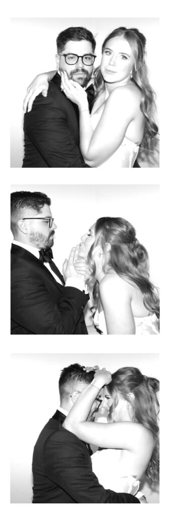 Bride and groom pose for classic black and white phoo booth strip at their wedding at Skylight in Denver Colorado.