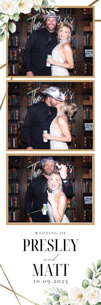 Bride and groom pose for Exclusive Events wedding photo booth rental at The Manor House in Littleton Colorado.